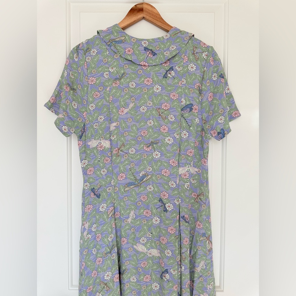 Vintage FLAX Cottagecore Lavender Floral Midi Dress Collared Prairiecore Large - Picture 5 of 9